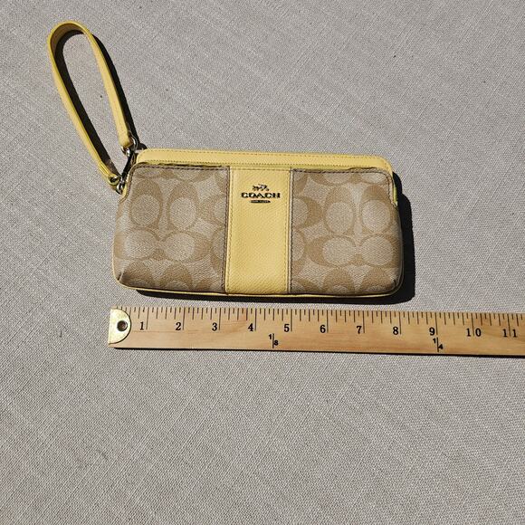 Coach Signature Yellow and Tan Zip around Wallet 2 zippers Wrist Strap - Picture 7 of 10
